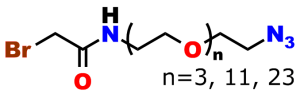 This image represents the general chemical structure of Bromoacetamido-dPEG®n-azide. This molecule contains a bromoacetyl group joined via an amide bond to a dPEG®-azide. The dPEG® moiety can have 3, 11, or 23 ethylene oxide units in the chain.