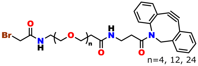 This image represents a bromoacetamido-dPEG®n-DBCO product group. The bromoacetyl group is connected via an amide bond to a dPEG®-acid moiety with 4, 12, or 24 ethylene oxide units in the chain. The acid terminus of the dPEG® moiety is amide-bonded to a dibenzylcyclooctyne (DBCO) group that is used for copper-free click chemistry, known by the acronym SPAAC.