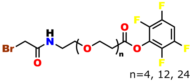This image shows the chemical representation of bromoacetamido-dPEG®n-TFP ester. The bromoacetyl moiety is connected via an amide bond to the TFP ester of a dPEG® acid. The dPEG® moiety may be 4, 12, or 24 ethylene oxide groups long.