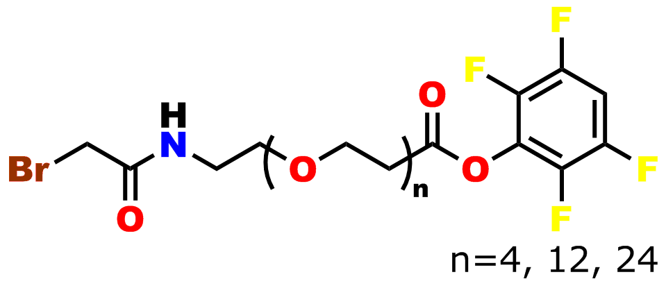 This image shows the chemical representation of bromoacetamido-dPEG®n-TFP ester. The bromoacetyl moiety is connected via an amide bond to the TFP ester of a dPEG® acid. The dPEG® moiety may be 4, 12, or 24 ethylene oxide groups long.