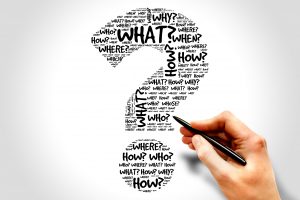 A question mark filled with interrogative words including "what?", "how?", "when?", "why?" and "where?" The question mark symbolizes the theme of this page, which is "What is dPEG®?"