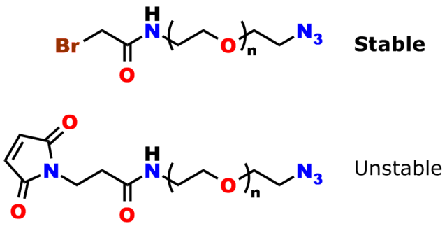 Figure 2: Stability of Bromoacetyl-azide. In the upper half of the image, a bromoacetamido-dPEG®-azide is shown. This molecule is stable. In the bottom half of the image a maleimido-dPEG®-azide is shown. This molecular construct is not stable, because maleimides react with azides.