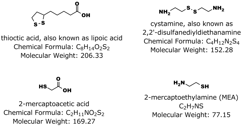 Figure 2: Commonly used sulfur-containing compounds used for attachment to gold surfaces such as quantum dots.