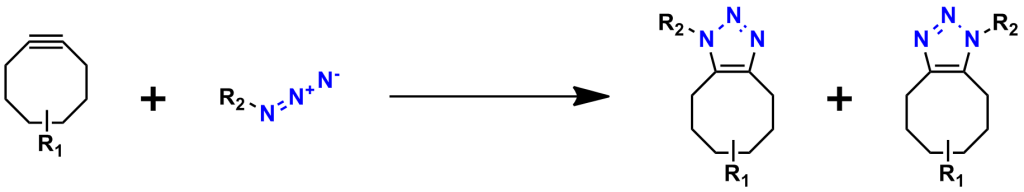 Figure 6: The general reaction scheme for Strain-Promoted Azide-Alkyne Cycloaddition (SPAAC), a bioorthogonal, biocompatible type of click chemistry reaction. The reaction occurs between a highly strained cyclooctyne compound and an azide and is a spontaneous reaction due to the strain on the cyclooctyne ring. A triazole compound is formed by this reaction. Because cytotoxic copper salts are not needed to catalyze the reaction, the SPAAC has become widely popular for use in bioconjugation applications.