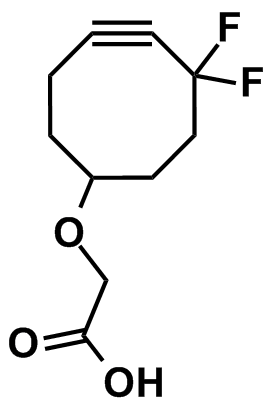 Figure 7: Difluorinated Cyclooctyne (DIFO) synthesized by Carolyn Bertozzi and colleagues for use in bioorthogonal, strain-promoted azide-alkyne cycloaddition (SPAAC) bioconjugation reactions. Unfortunately, DIFO works poorly in vivo due to its lipophilicity and its tendency to sequester in serum albumin.