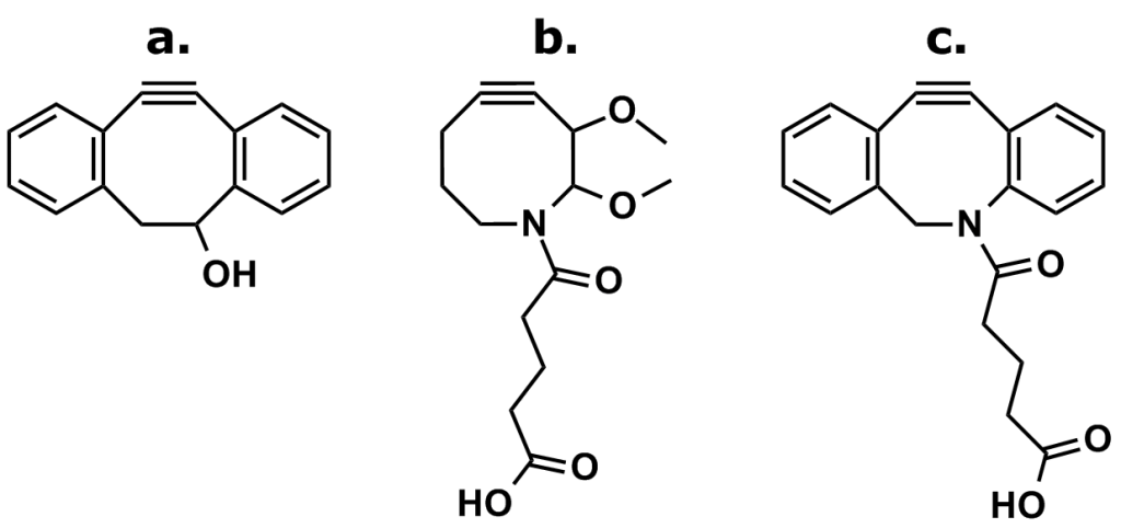 Figure 8: The Development of DIBAC (also known as DBCO). Debets et al. sought to combine the fast reaction kinetics of DIBC (compound a.) with the water solubility of DIMAC (compound b.) by synthesizing DIBAC (compound c.), also known as DBCO. DIBAC/DBCO has proven to be quite useful and reasonably stable in bioconjugation applications that employ strain-promoted azide-alkyne cycloaddition (SPAAC) reactions.