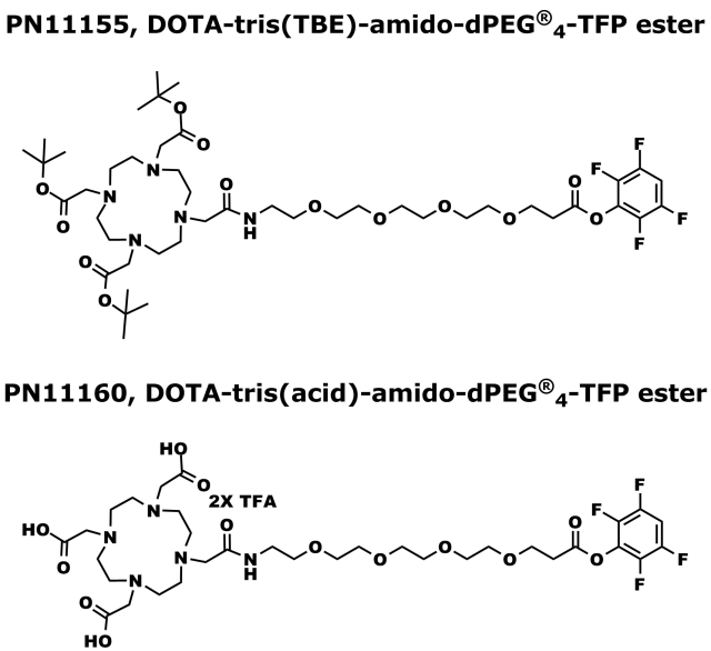 Figure 1: Comparison of PN11155, DOTA-tris(TBE)-amido-dPEG®4-TFP ester, with PN11160, DOTA-tris(acid)-amido-dPEG®4-TFP ester