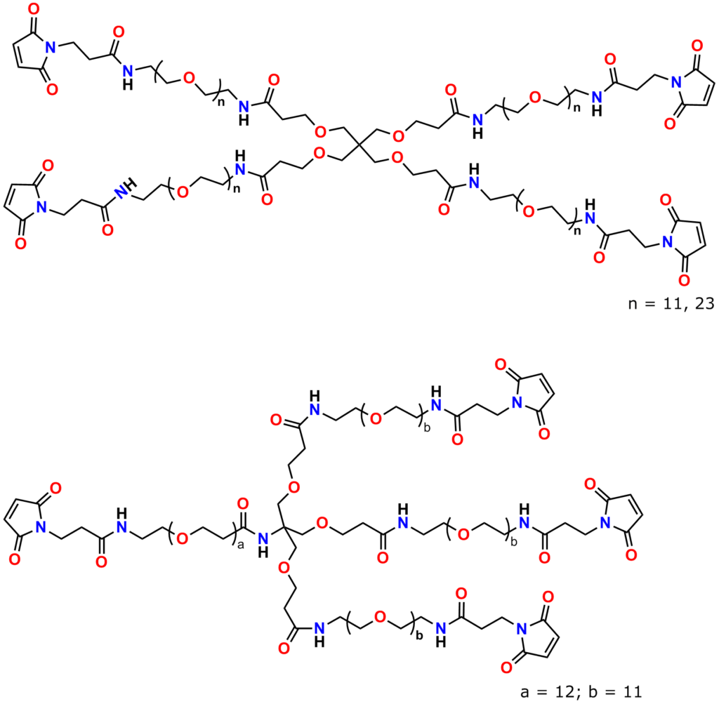 Figure 10 displays the structures of Quanta BioDesign's homotetrafunctional maleimide crosslinker products. Pentaerythritol forms the core of the top structure, while the bottom structure uses a tris core.