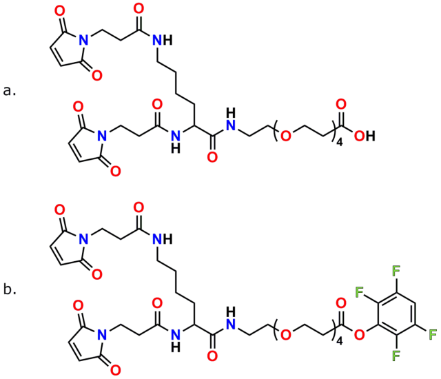 Figure 12 shows the structures of PN10630, Bis-MAL-Lysine-dPEG®4-acid (a. top), and PN10631, Bis-MAL-Lysine-dPEG®4-TFP ester (b. bottom). These two compounds consist of lysine functionalized with maleimide groups on both amines and conjugated to an acid-terminated dPEG®4 linker on the carboxyl group of lysine.