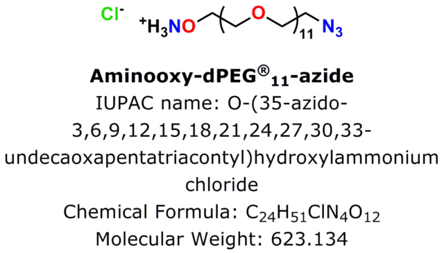 Figure 1: Aminooxy-dPEG®11-azide HCl, product number 10538, is Quanta BioDesign's newest click chemistry crosslinker.