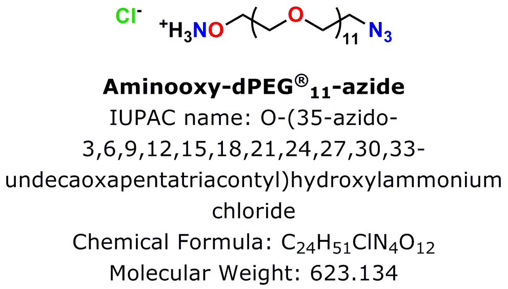 Figure 1: Aminooxy-dPEG®11-azide HCl, product number 10538, is Quanta BioDesign's newest click chemistry crosslinker.
