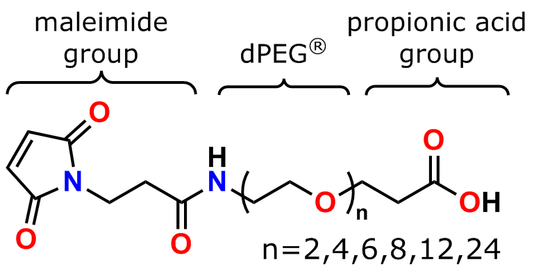 Figure 1 shows the general structure of Quanta BioDesign's MAL-dPEG®n-acid maleimide crosslinker products.