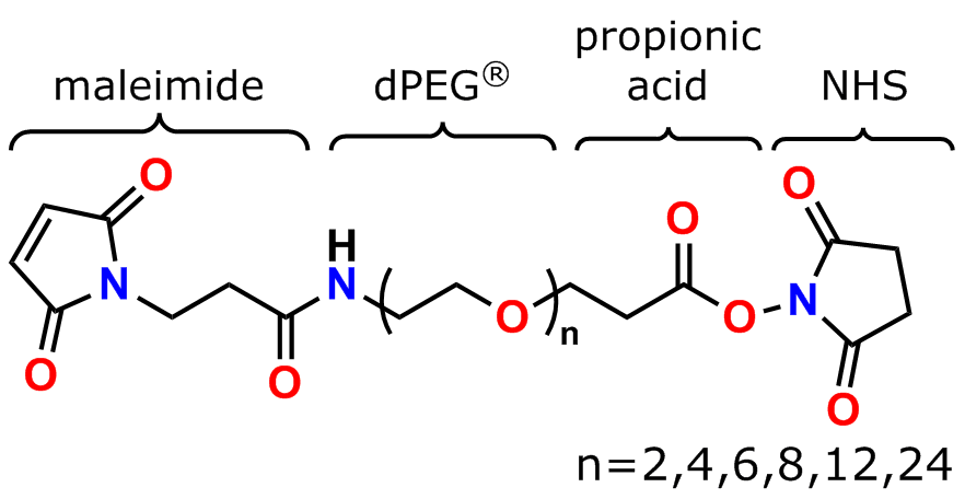 Figure 2 shows the general structure of Quanta BioDesign's MAL-dPEG®n-NHS ester maleimide crosslinker products that crosslink thiols and amines.