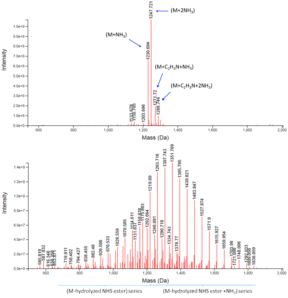 Figure 3. Deisotoped mass spectra of the discrete m-dPEG®24-NHS ester adducts (top; zero-charge masses of (M•NH3) = 1230.6910 Da and (M•2NH3) = 1247.7180 Da) and mPEG 1K- NHS (SC) (bottom; hydrolyzed NHS ester Ex. C56H111O30 = 1263.7140 Da) and +NH3 adduct series of the intact (Ex. C60H115O32N•NH3 = 1378.7660 Da).