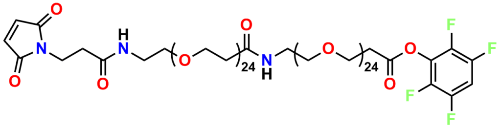 Figure 5 shows the structure of PN11303, MAL-dPEG®24-amido-dPEG®24-TFP ester. This maleimide crosslinker has a very long discrete PEG linker between a malemide group on one end and a tetrafluorophenyl ester on the other end. The linker length is equal to PEG48.