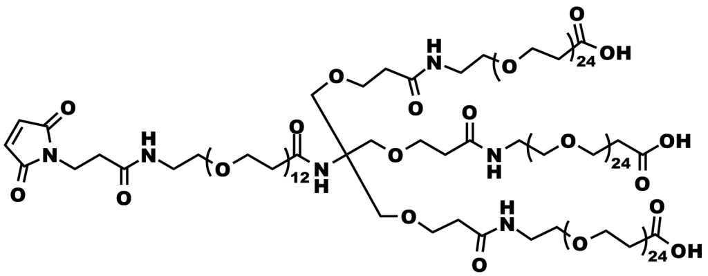 Figure 5: Quanta BioDesign product number 11451, MAL-dPEG®12-Tris(-dPEG®24-acid)3, a thiol-reactive, three-branched, negatively charged dPEG® construct with a molecular weight of 4,473 Daltons was demonstrated in animal testing to have superior tumor retention, leading to improved imaging quality.