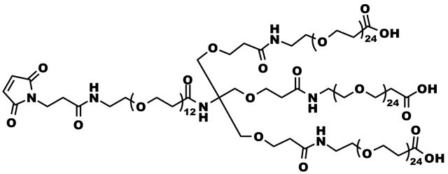 Figure 5: Quanta BioDesign product number 11451, MAL-dPEG®12-Tris(-dPEG®24-acid)3, a thiol-reactive, three-branched, negatively charged dPEG® construct with a molecular weight of 4,473 Daltons was demonstrated in animal testing to have superior tumor retention, leading to improved imaging quality. This product is an example of one of Quanta BioDesign's branched dPEG® products.