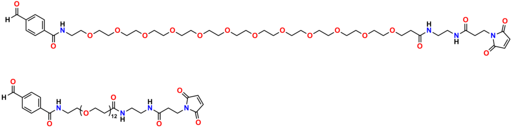 Figure 7 shows the full-length (top) and abbreviated (bottom) structure of PN10075, 4-formyl-benzamido-dPEG®12-EDA-MAL. This product reacts with amines to form imines (Schiff bases), hydrazides to form hydrazones, and aminooxy compounds to form oxime bonds. Please see the text for details.