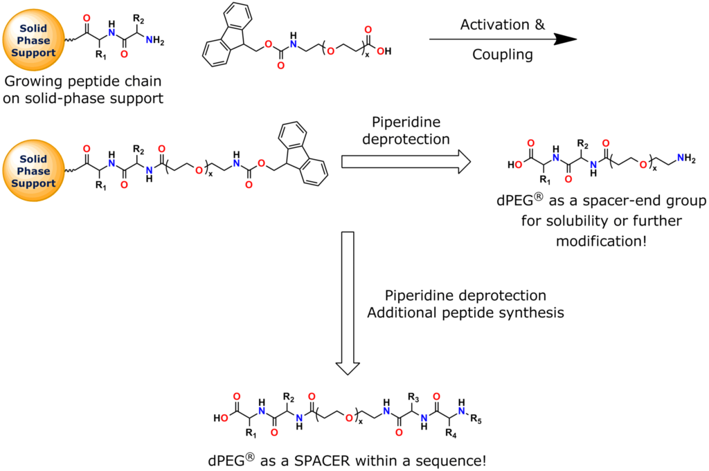 General scheme of Quanta BioDesign's Fmoc-dPEG®x-acid building blocks used in peptide synthesis. The scheme shown here is for solid-phase peptide synthesis, but these building blocks also work well in solution-phase peptide synthesis. In this scheme, a growing peptide chain on a solid-phase support is coupled to an Fmoc-dPEG®x-acid product from Quanta BioDesign. Piperidine deprotects the Fmoc group, which allows the dPEG® spacer to be used as an end group for further modification, such as the addition of labels (e.g., dyes) or small molecule drugs. However, additional peptide synthesis can follow the Fmoc deprotection step, resulting in the dPEG® spacer being used to impart hydrophilicity and flexibility to a peptide chain in the middle of the chain.