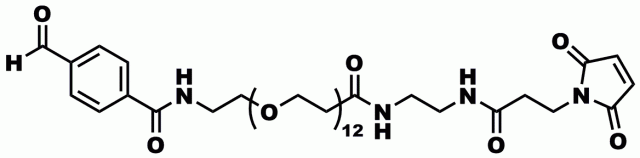 Product number PN10075, 4-formyl-benzamido-dPEG®12-EDA-MAL, is an aldehyde partner for aminooxy-functionalized products. The maleimide functional group can react with free thiols.