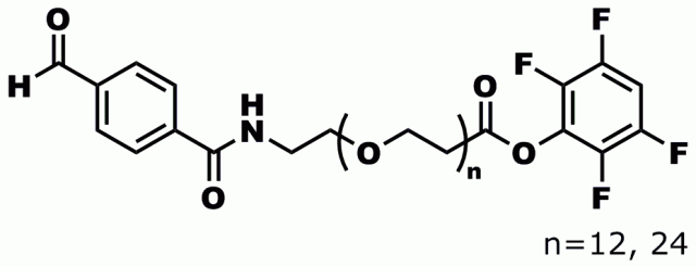 Product numbers 10081, 4-formyl-benzamido-dPEG®12-TFP ester, and 10082, 4-formyl-benzamido-dPEG®24-TFP ester, are aldehyde partners for aminooxy-functionalized partners. The TFP ester will react with free amines. Studies have shown that TFP esters are more hydrolytically stable and demonstrate superior reactivity towards free amines compared with N-hydroxysuccinimide (NHS) esters.
