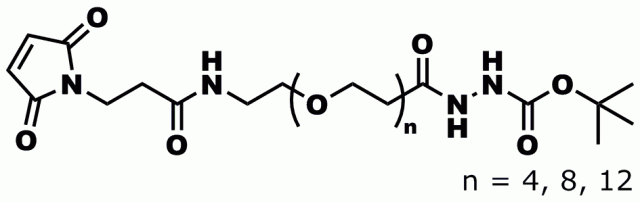 Product numbers 10210, MAL-dPEG®4-t-boc hydrazide, 10961, MAL-dPEG®8-t-boc hydrazide, and 10962, MAL-dPEG®12-t-boc hydrazide, are cross-linking compounds that react with a free thiol on the maleimide side of the molecule and then (following deprotection of the t-boc group) with an aldehyde or ketone to form a hydrazone bond.