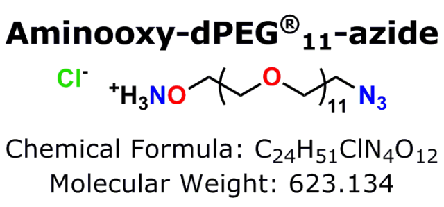 Featured image of PN10538, Aminooxy-dPEG®11-azide, showing the name, structure, chemical formula (C24H51,ClN4O12), and molecular weight (623.134).