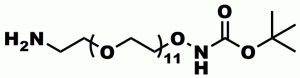 Product number 11112, Amino-dPEG®11-ONH-t-boc, is functionalized with an amine group on one end of a dPEG®11 spacer for reaction with carbonyl and carboxylate groups and with a boc-protected oxyamine group on the opposite end for reaction with aldehydes or ketones to form an oxime bond.