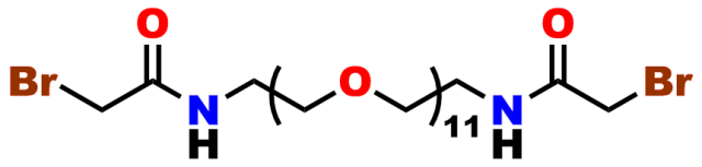 This image shows the chemical structure of product number 11338, bis-bromoacetamido-dPEG®11. This molecule is used for cross-linking thiol groups. There is a bromoacetyl group on each end of molecule joined via an amide bond to a dPEG®11 linker.