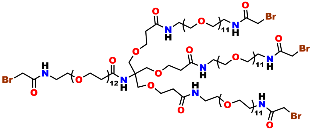 This image shows the chemical structure of the 4-armed dPEG® product number 11434, which contains a bromoacetyl moiety at the end of each arm. It is used for cross-linking free thiol groups.