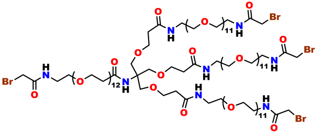 This image shows the chemical structure of the 4-armed dPEG® product number 11434, which contains a bromoacetyl moiety at the end of each arm. It is used for cross-linking free thiol groups.