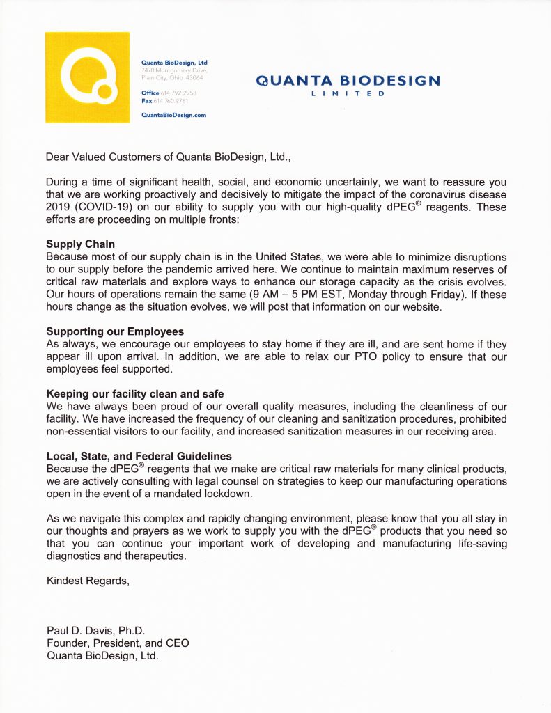 An important message from Quanta BioDesign's Founder, President, and CEO, Paul D. Davis, Ph.D., regarding our response to the COVID-19 pandemic.