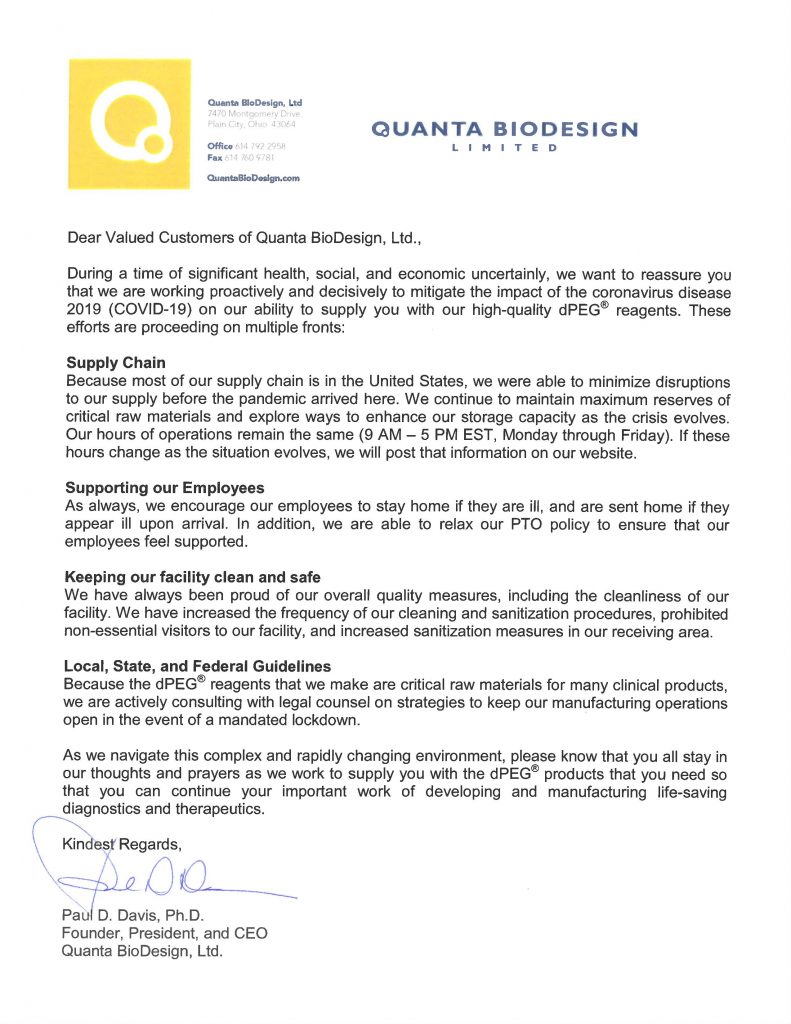This image is of a letter describing Quanta BioDesign's response to the COVID-19 pandemic.