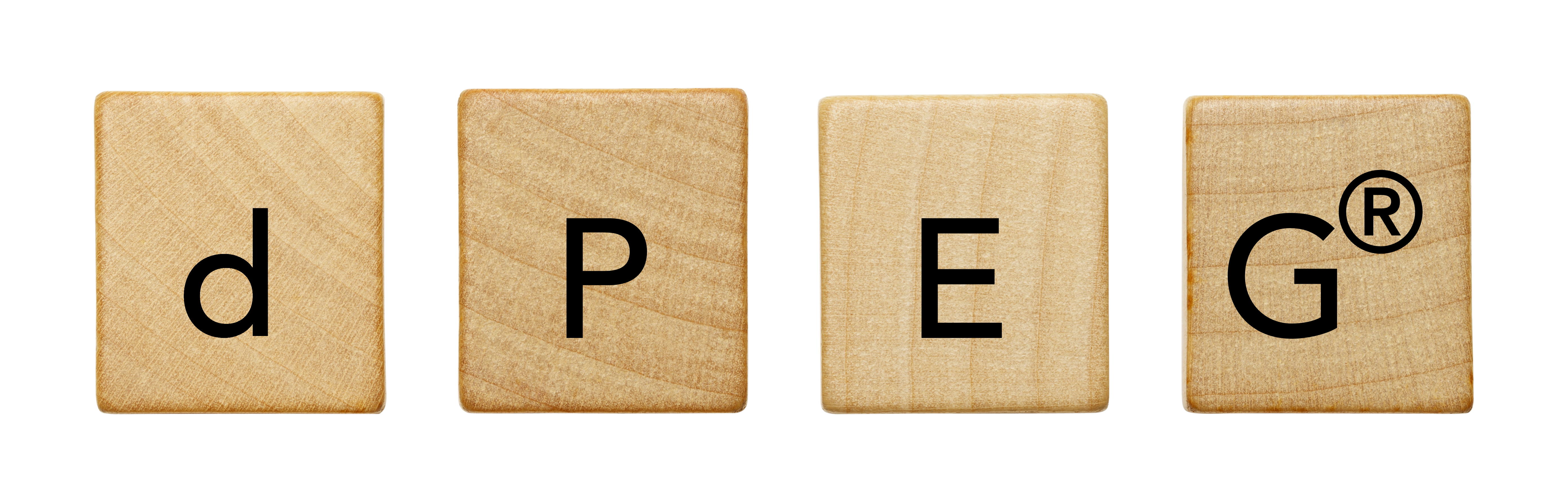 Four (4) wooden tiles with black letters that spell out dPEG®, which is Quanta BioDesign's trademark for single molecular weight polyethylene glycol derivatives. These wooden tiles represent the building blocks that dPEG® products provide in peptide synthesis.